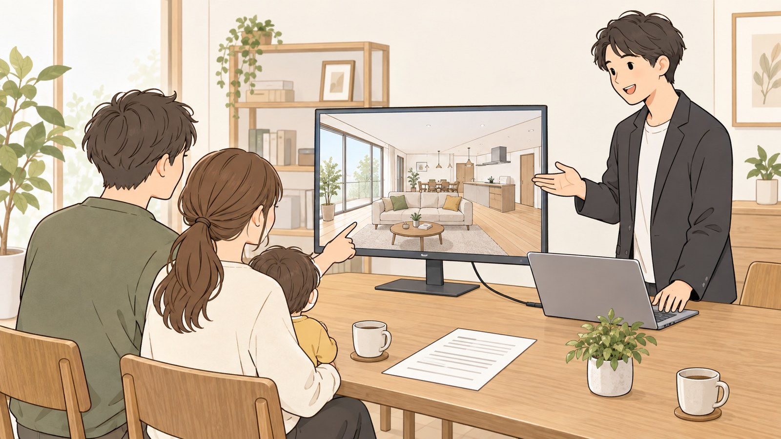 打合せの席で、モニターに映した3Dの家の中を歩きながら確かめている様子(イラスト)